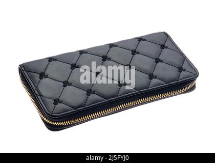 Black leather wallet isolated on white. close-up Stock Photo
