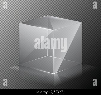 Vector illustration of a realistic, transparent, glass cube isolated on a gray background. 3-D design Stock Vector