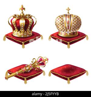Set of realistic vector illustrations, golden royal crown icons, royal scepter and red velvet ceremonial pillows, isolated on white. Print, design ele Stock Vector