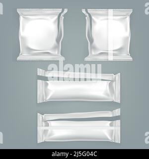 Torn plastic or foil square and rectangular food packages isolated realistic vector illustration. Opened cookies, crackers, chocolate bar pack templat Stock Vector