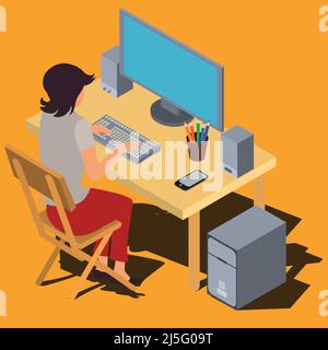 Woman sitting at desk, typing on keyboard, working on computer isometric vector illustration. Female pc user, home work station, distant work or study Stock Vector