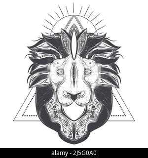 Lion head line art vector illustration isolated on white background. Totem animal with abstract geometric ornaments Stock Vector