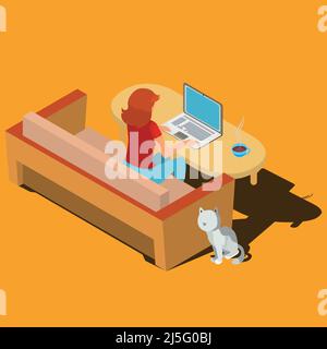 Woman sitting on the sofa at desk, typing on keyboard, working on laptop isometric vector illustration. Female pc user, home work, distant work or stu Stock Vector