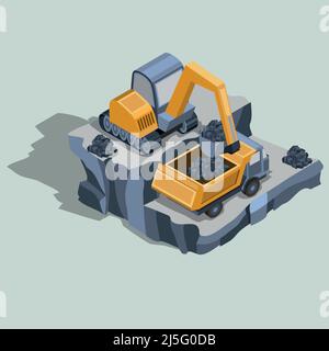 Mining excavator loads coal in a dump truck, mining equipment, quarry industrial machines and factory isometric projection isolated vector illustratio Stock Vector