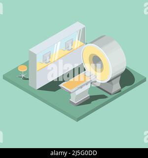 Medical cabinet with magnetic resonance imaging equipment, MRI scanner operator workplace with seat isometric projection vector illustration. High tec Stock Vector