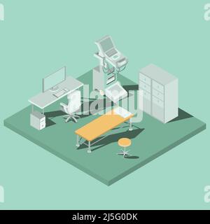 Medical cabinet with sonography equipment for ultrasound research, doctor work desk with computer and couch for patient isometric projection vector il Stock Vector