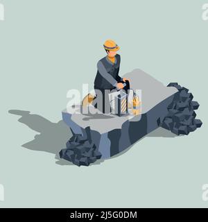 Explosives worker, ordnance handling expert, constriction or quarry   blaster in protective helmet, standing on a knee near remote control dynamite de Stock Vector
