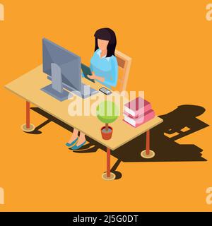 Woman sitting at desk, typing on keyboard, working on computer isometric vector illustration. Female pc user, home work station, distant work or study Stock Vector