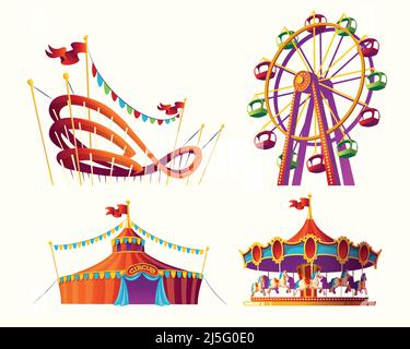 Set of vector cartoon illustrations for an amusement park - carousel, tent, rollercoaster Stock Vector