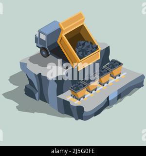 Dump truck ships coal into coal carts, mining equipment, quarry industrial machines and factory isometric projection isolated vector illustration Stock Vector