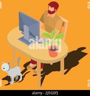 Bearded red-head man working on computer while sitting at desk with  flowerpot and walking around cat isometric 3d vector illustration. Male user brow Stock Vector