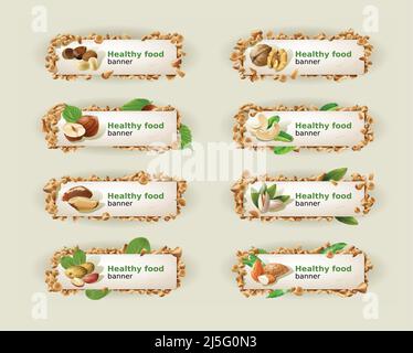 Set of decorative horizontal banners with different kinds of nuts. Vector illustration. Stock Vector