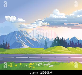 Vector illustration of a mountain landscape with coniferous forest Stock Vector