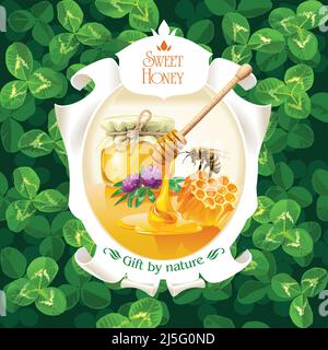 Vector illustration of honey, honeycomb and bee in a vintage frame on background clover Stock Vector
