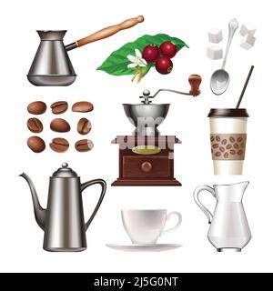 Vector set of icons - coffee berries and grains, Turk, hand mill, coffee pot, cup and saucer, a plastic cup, spoon, sugar lumps, cream Stock Vector