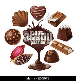 Set of vector icons of chocolate desserts and candies, liquid chocolate and cocoa beans in a realistic style. Print, template, design element for pack Stock Vector