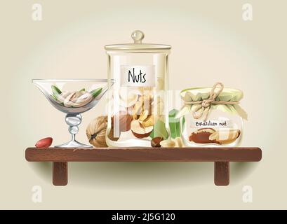 Pistachios, walnuts, cashews, hazelnuts, Brazil nuts, pine nuts, peanuts are in glass jars on wooden shelf Stock Vector