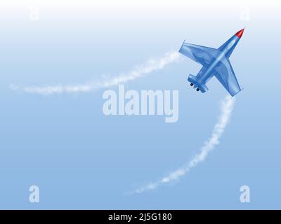 Vector illustration of military aircraft in curve, fighter jet in spin. Combat plane in figured flight, aviation, air vehicle, war airplane isolated o Stock Vector