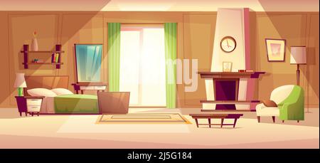 Vector cartoon illustration of cozy modern bedroom, living room with double bed, fireplace, armchair, bookshelf, dresser, carpet, interior inside. Col Stock Vector