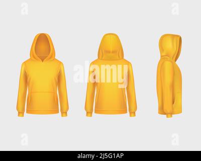 Vector yellow hoodie sweatshirt 3d realistic mockup template on white background. Fashion long sleeve, clothing hooded pullover front, back, side view Stock Vector