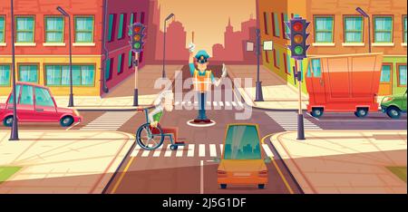 Vector illustration of crossing guard adjusting transport moving, city crossroads with pedestrian, disabled person. Urban highway regulation, crosswal Stock Vector