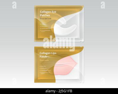 Vector realistic set of patches for lips and eyes, with hydrogel and collagen, in disposable sachet isolated on background. Cosmetic product for skin Stock Vector