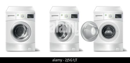 Vector set of 3d realistic washing machine with front-loader and smart display isolated on white background. Mock up of modern household electric appl Stock Vector
