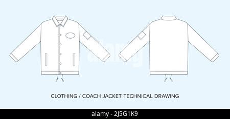 Coach jacket technical drawing template. Fashion streetwear editable vector, two sides of garment. Black and white clothing schematics on isolated bac Stock Vector
