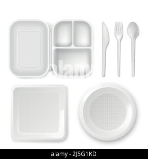 Disposable plastic dishware plates and cutlery vector illustration. 3D realistic lunch box, spoon, fork or knife and food package container. Picnic pa Stock Vector