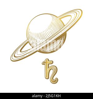 Saturn golden symbol with rings and astrological symbol. Illustration for a natal chart. Vector hand drawing, planet for boho cards, icon Stock Vector