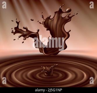 Vector illustration of hot chocolate splash, liquid cacao or coffee with drops, blobs, blots. Great for advertising poster, promo banner. Appetizing d Stock Vector