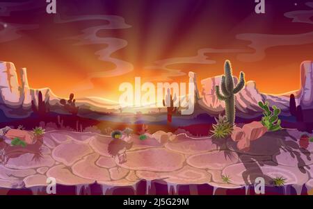 Vector cartoon desert landscape, seamless horizontal game background, panorama with nature, mountains, cactus, rocks, sunset sky, canyon with dry grou Stock Vector
