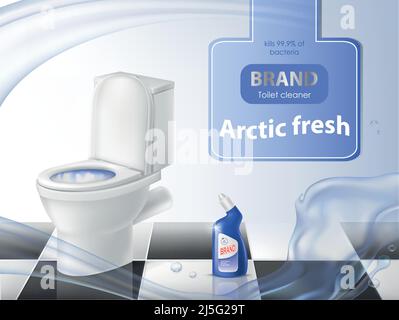 Vector poster of detergent, cleaning concept, mock up of 3d realistic toilet bowl, liquid disinfectant advertising on tile background. Antiseptic bran Stock Vector