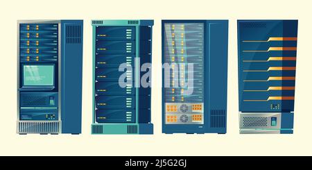 Vector set of various cartoon server racks, database room, data center with cloud computer connection. Hosting, networking, internet technology. Compu Stock Vector