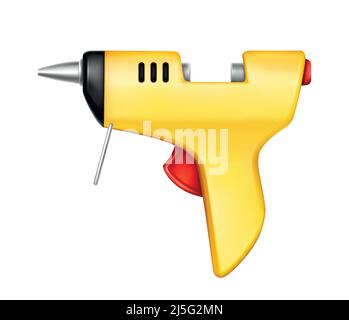 Vector 3d realistic yellow glue gun isolated on white background. Hand tool for gluing, repairing, adhesive fixation. Construction, industry appliance Stock Vector