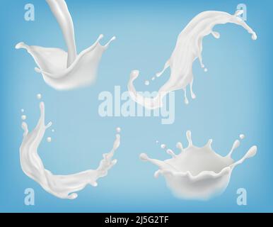 Vector set of realistic milk or yogurt splashes, flowing cream, abstract white blots, milky swirls isolated on blue background. Clipart for package de Stock Vector