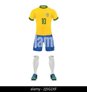 Vector realistic soccer uniform of a Brazil team, set of sports wear, shirt, shorts, socks and boots, isolated on background. Mockup of Brazilian foot Stock Vector