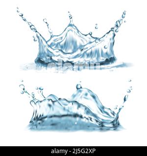 Vector 3d realistic set with water splashes, abstract shapes with droplets, splatter crown, clean and transparent isolated on background. Aqua splashi Stock Vector