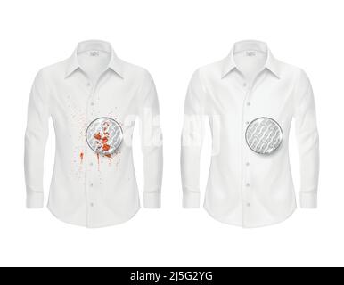 Vector set of two realistic white shirts, clean and dirty, with magnifying glass showing fabric fibers before and after washing, isolated on backgroun Stock Vector