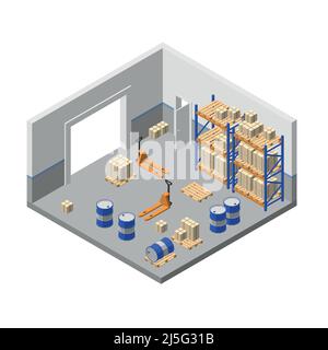 Vector 3d isometric storage, factory warehouse, logistic, delivery storehouse with shelves, boxes, forklifts, barrels, pallets for goods, cargo. Store Stock Vector