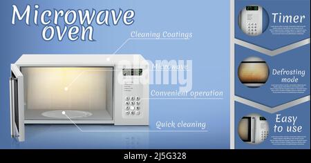 Vector 3d realistic poster with microwave oven with light inside, open door, front view isolated on blue background. Banner of household appliance wit Stock Vector