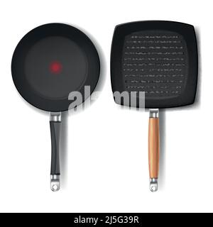 Vector set with two realistic black frying pans, round and square shape, with red thermo-spot indicator and non-stick coating, isolated on white backg Stock Vector