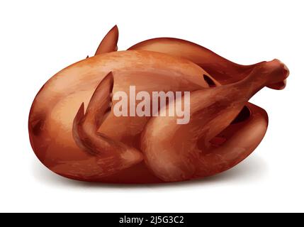 Vector 3d realistic illustration of roasted turkey or grilled chicken with crispy crust, baked white poultry meat, isolated on white background. Tradi Stock Vector
