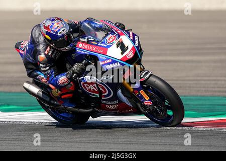 ASSEN, NETHERLANDS - APRIL 23: Toprak Razgatlıoglu of Turkey rides during the FIM Superbike World Championship Race 1 during the WorldSBK Motul Dutch Round at the TT Circuit Assen on April 23, 2022 in Assen, Netherlands (Photo by Andre Weening/Orange Pictures) Stock Photo