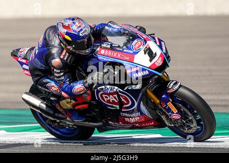 ASSEN, NETHERLANDS - APRIL 23: Toprak Razgatlıoglu of Turkey rides during the FIM Superbike World Championship Race 1 during the WorldSBK Motul Dutch Round at the TT Circuit Assen on April 23, 2022 in Assen, Netherlands (Photo by Andre Weening/Orange Pictures) Stock Photo