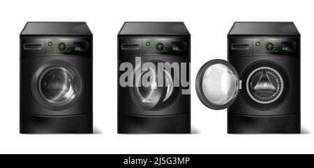 Vector set of 3d realistic black washing machines, compact washer with front-loader, with open and closed door isolated on background. Modern househol Stock Vector