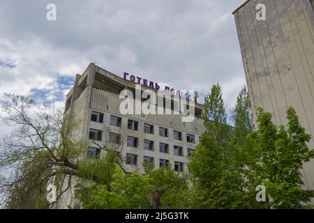 PRIPYAT, UKRAINE, MAY 11, 2019: Hotel at the Ukrainian town Pripyat which was deserted after the Chernobyl disaster Stock Photo