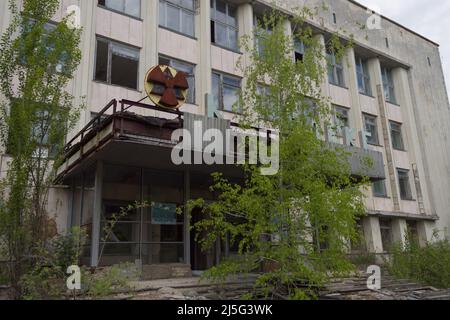 Chernobyl, Ukraine - MAY 11, 2019: Pripyat City Council and Polissya Hotel - Pripyat, Chernobyl Exclusion Zone, Ukraine Stock Photo