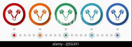Pistons, auto service concept vector icon set, infographic template, flat design circle colorful web buttons in 5 color options Stock Vector