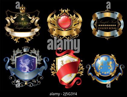 Vector set of colorful royal stickers with crowns, shields, ribbons, lions, stars isolated on black background. Luxurious emblems with heraldic orname Stock Vector